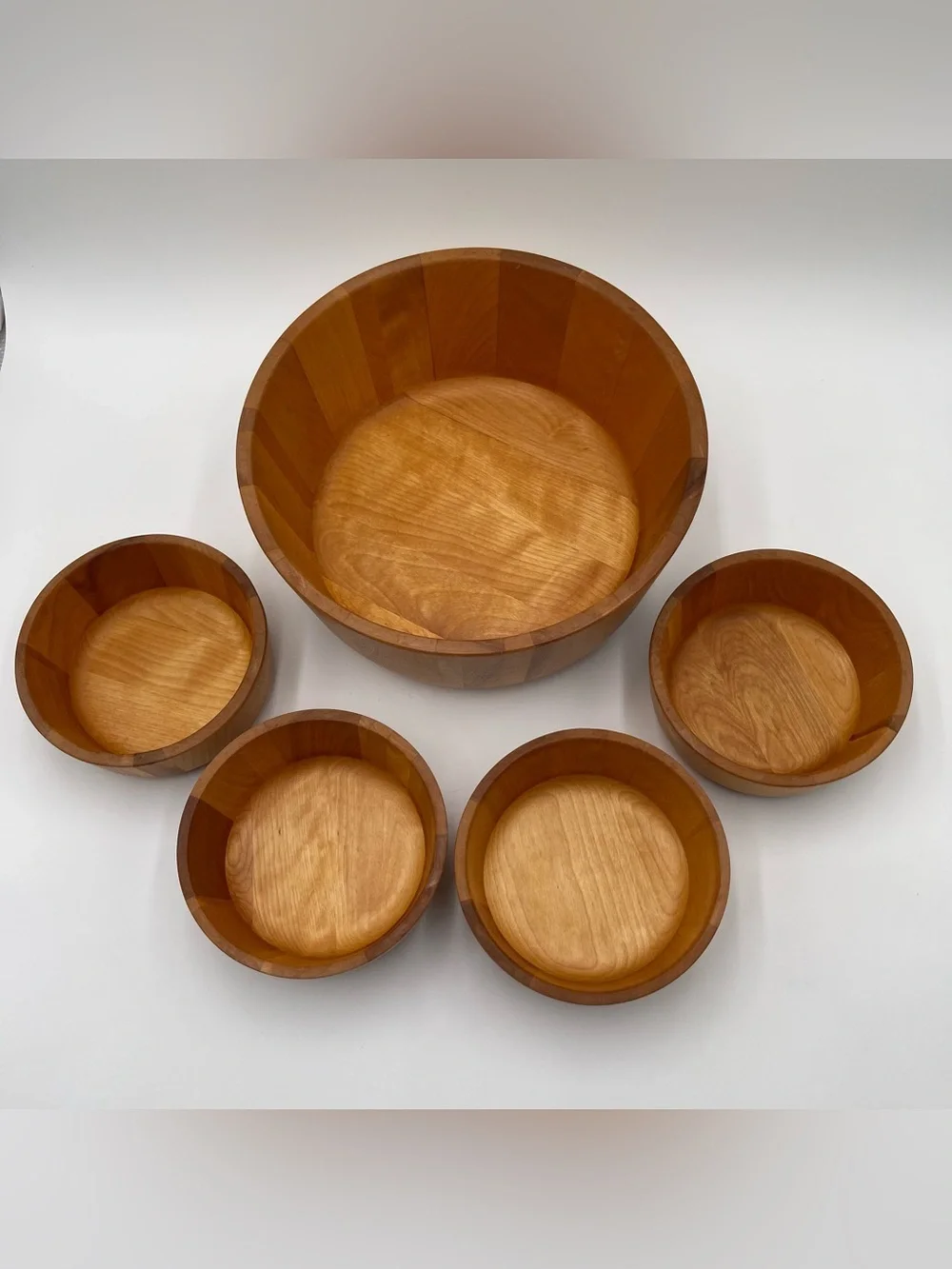 VTG Crate & Barrel Wood Birch Salad 5 pc Bowl Set John McLeod Vermont MCM Rustic